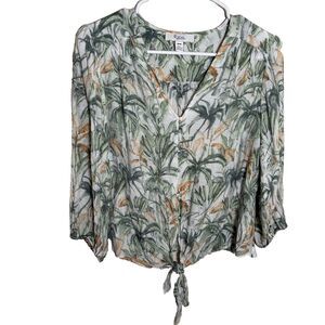 C by One Blouse Women's Medium Green Floral V-Neck 3/4 Sleeve Tie Casual Boho